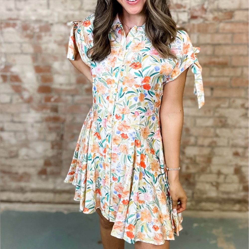Umgee Cream Floral Button-Front Mini Dress with Orange & Pink Accents